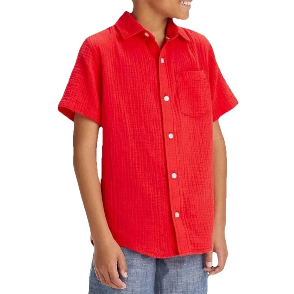 Cat & Jack Boys Small 6/7‎ Red Gauze Muslin Button Down Shirt NWT 100% Cotton